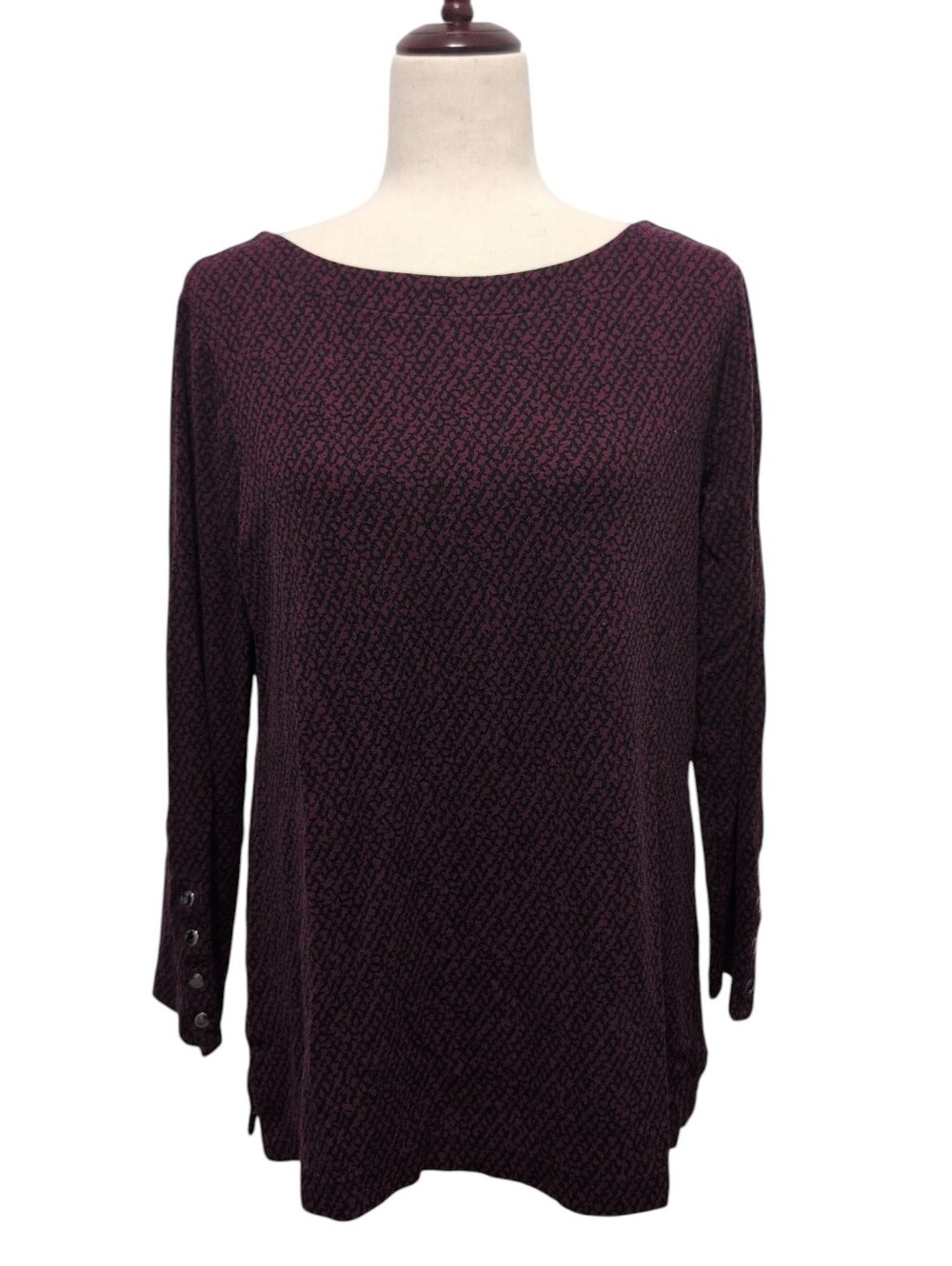 Chico's Boat Neck 3/4 Sleeve Top Burgundy Black Houndstooth Type Pattern Medium